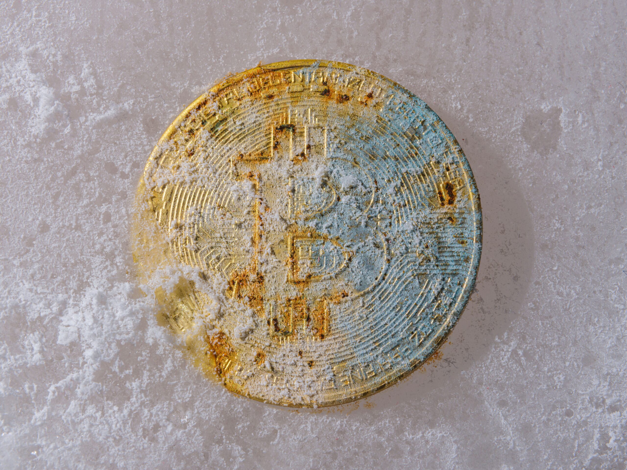 a dirty round object sitting on a white surface