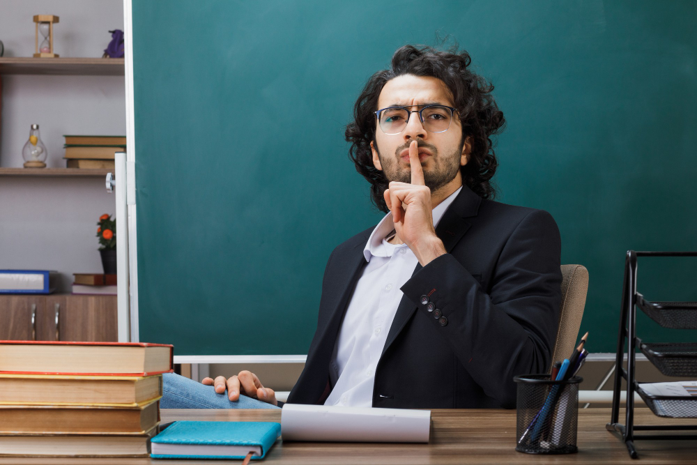 Male teacher in classroom gesturing for silence with finger on lips, surrounded by books and chalkboard, symbolizing discipline and focus in education