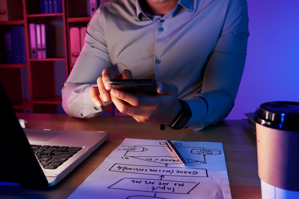 Entrepreneur reviewing business strategy on smartphone with laptop and startup planning notes on desk