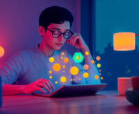 Focused individual working on artificial intelligence technology using a tablet in a vibrant modern environment