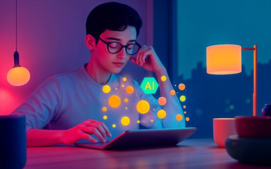 Focused individual working on artificial intelligence technology using a tablet in a vibrant modern environment