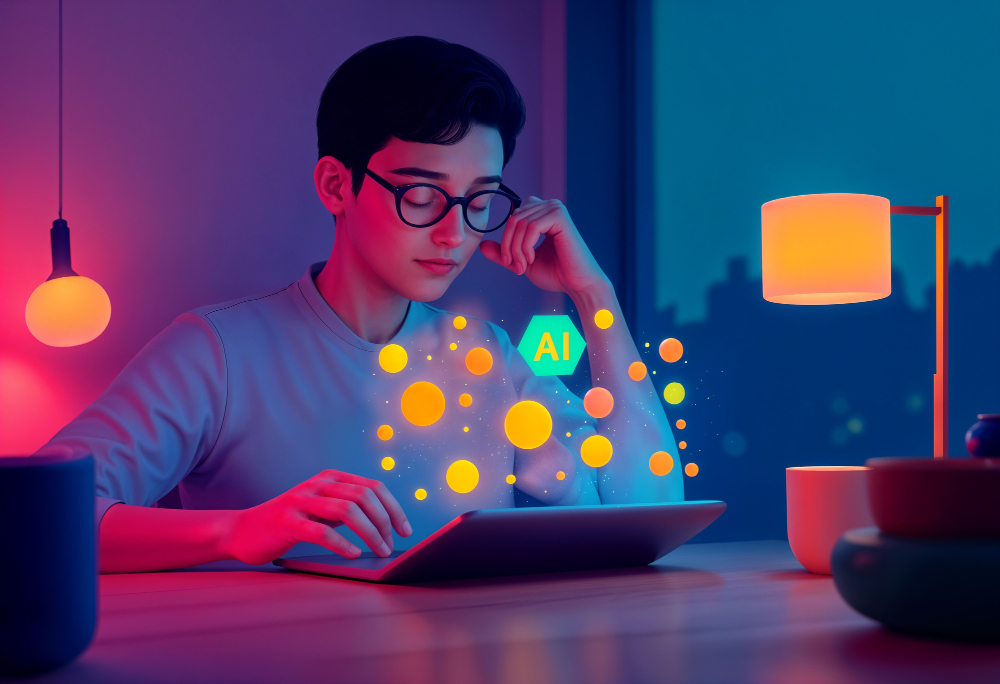 Focused individual working on artificial intelligence technology using a tablet in a vibrant modern environment