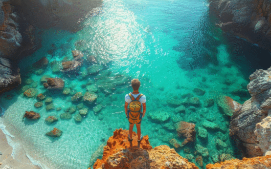 Man with a yellow backpack standing on a rocky cliff, overlooking a crystal-clear turquoise lagoon surrounded by rugged coastal rocks.