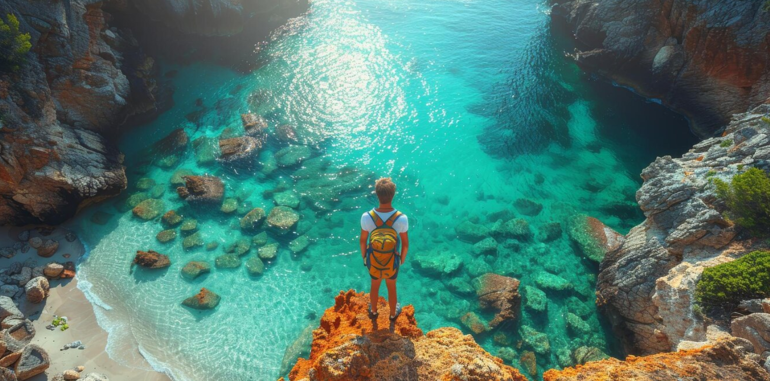 Man with a yellow backpack standing on a rocky cliff, overlooking a crystal-clear turquoise lagoon surrounded by rugged coastal rocks.