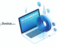 Jivoice.com AI-powered platform illustration with futuristic laptop and digital data processing graphics, representing intelligent automation tools