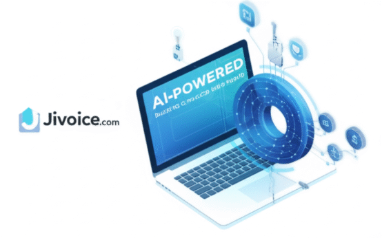 Jivoice.com AI-powered platform illustration with futuristic laptop and digital data processing graphics, representing intelligent automation tools