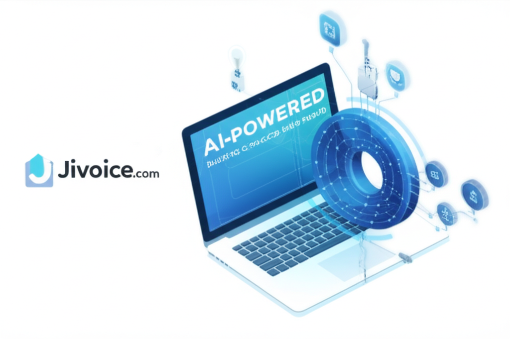 Jivoice.com AI-powered platform illustration with futuristic laptop and digital data processing graphics, representing intelligent automation tools