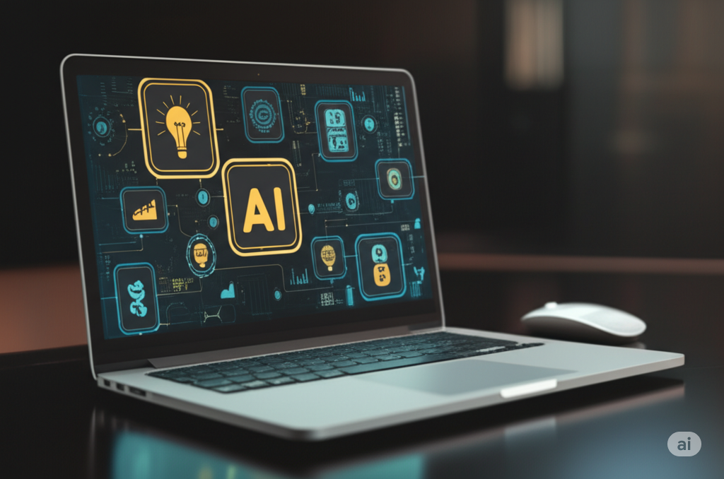 Modern laptop showing AI dashboard with futuristic icons representing machine learning, automation, and data analytics