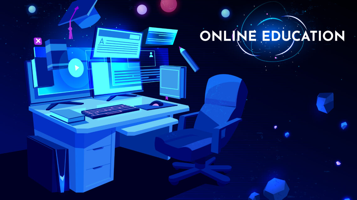 Futuristic digital workspace setup for online education with floating screens, study icons, and a glowing text label reading 'Online Education' in a virtual learning environment.