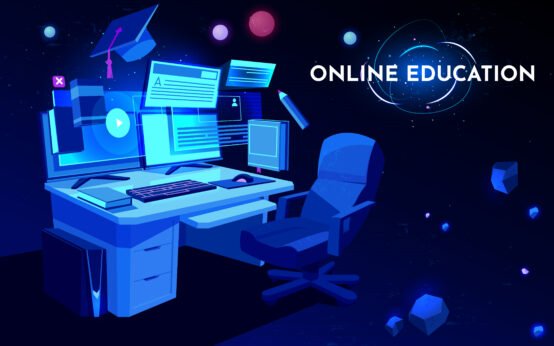 Futuristic digital workspace setup for online education with floating screens, study icons, and a glowing text label reading 'Online Education' in a virtual learning environment.