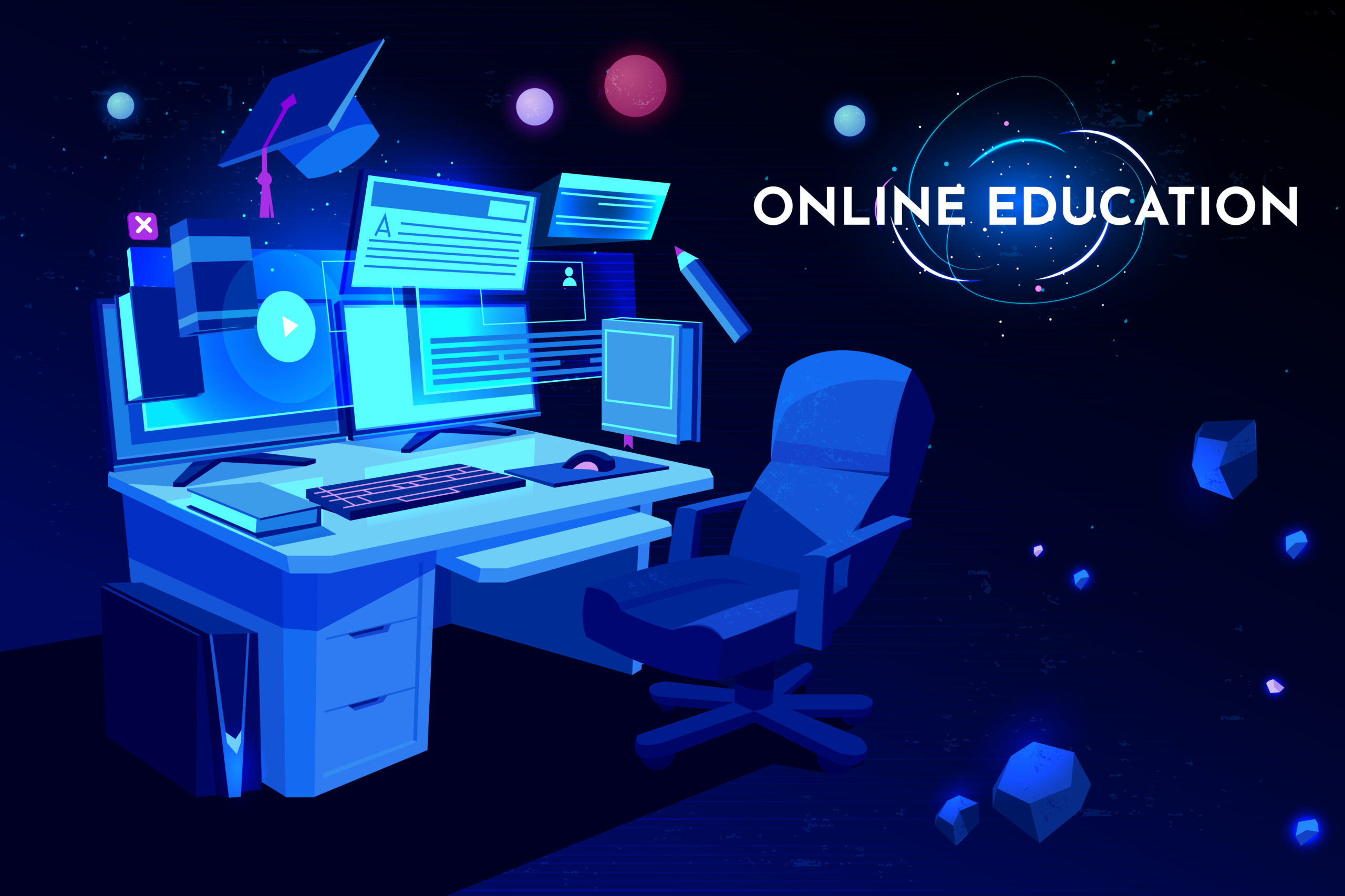 Futuristic digital workspace setup for online education with floating screens, study icons, and a glowing text label reading 'Online Education' in a virtual learning environment.