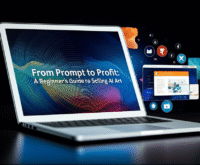 AI art selling guide shown on laptop screen with icons of digital marketplaces and creative platforms, representing monetizing AI-generated content