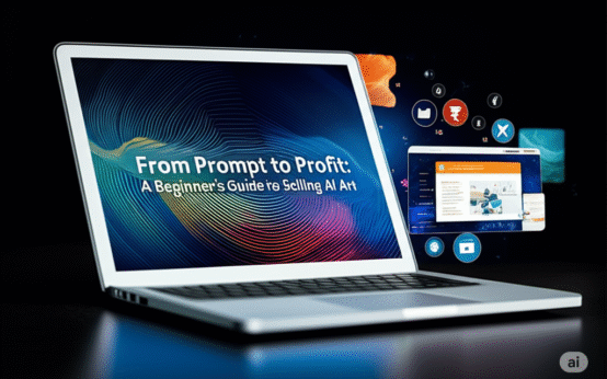 AI art selling guide shown on laptop screen with icons of digital marketplaces and creative platforms, representing monetizing AI-generated content