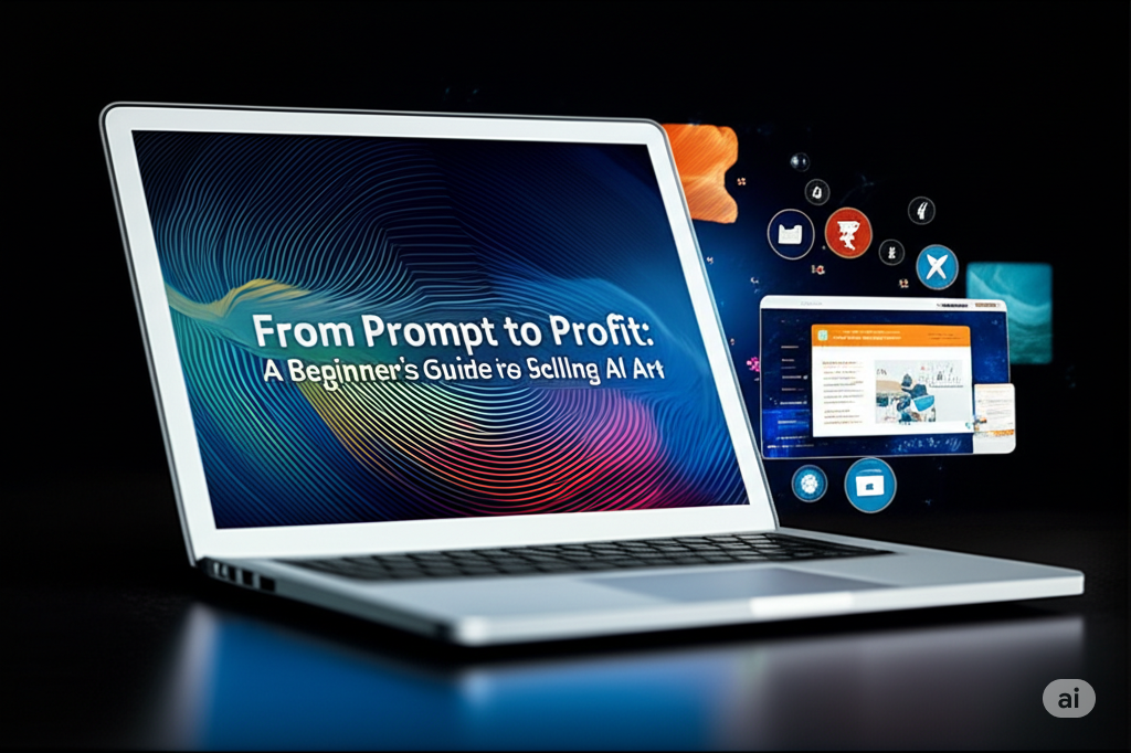 AI art selling guide shown on laptop screen with icons of digital marketplaces and creative platforms, representing monetizing AI-generated content