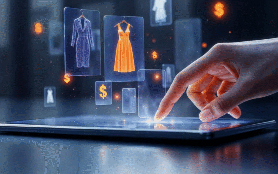 Hand interacting with virtual clothing items on a digital tablet, representing online fashion shopping and e-commerce technology