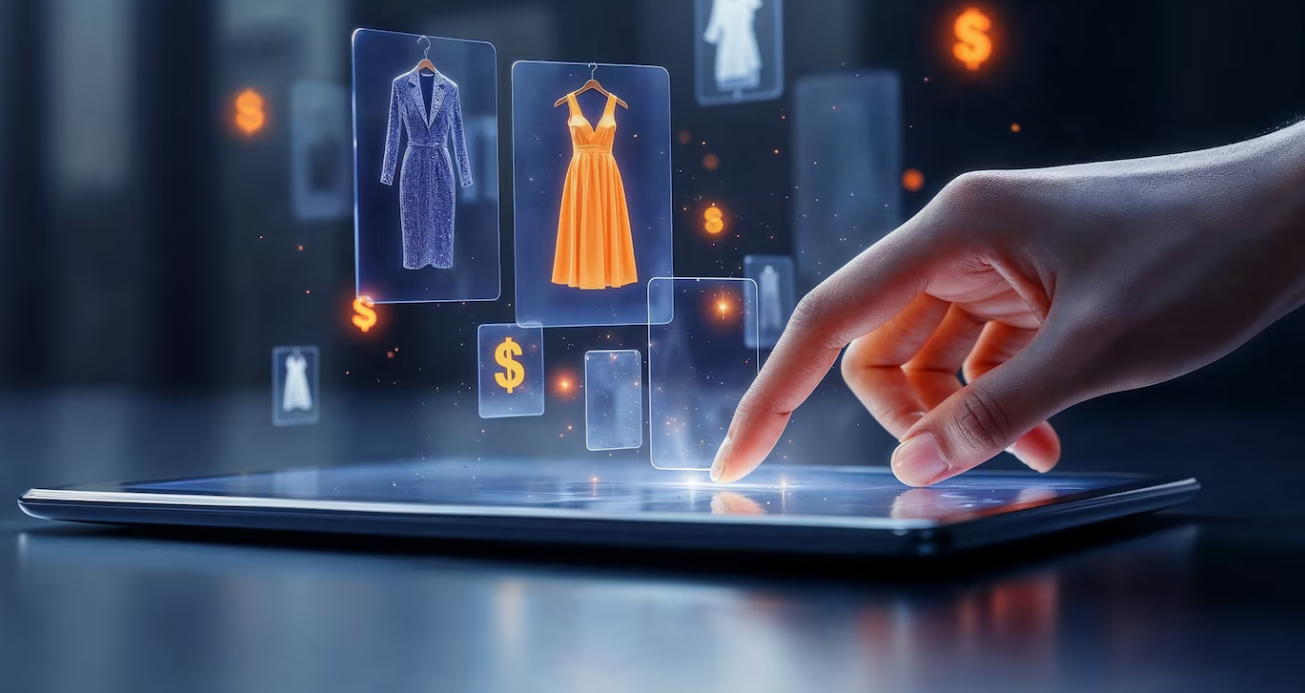 Hand interacting with virtual clothing items on a digital tablet, representing online fashion shopping and e-commerce technology