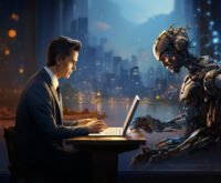 Futuristic scene of a businessman and humanoid robot collaborating on laptops, symbolizing AI-human partnership in technology and innovation