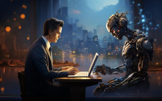 Futuristic scene of a businessman and humanoid robot collaborating on laptops, symbolizing AI-human partnership in technology and innovation
