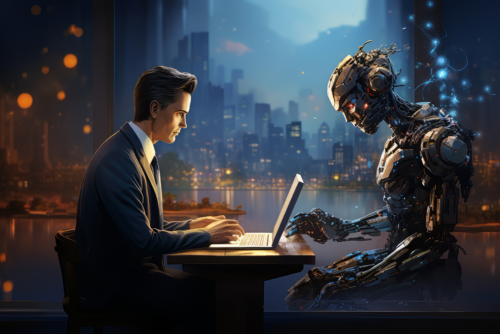 Futuristic scene of a businessman and humanoid robot collaborating on laptops, symbolizing AI-human partnership in technology and innovation