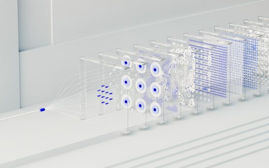 Visual representation of AI business revolution through abstract data flow network