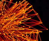 An abstract digital art rendering of an interconnected blockchain network with glowing nodes.