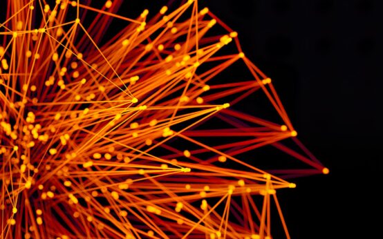 An abstract digital art rendering of an interconnected blockchain network with glowing nodes.