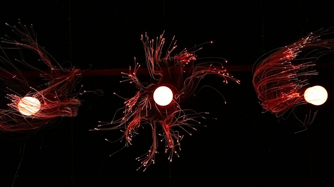 A complex web of interconnected glowing nodes representing a blockchain network.
