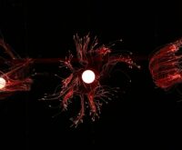 A complex web of interconnected glowing nodes representing a blockchain network.