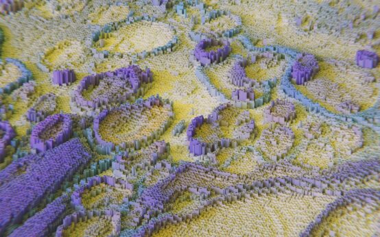 A futuristic aerial view of a farm with glowing lines of data representing AI analysis.