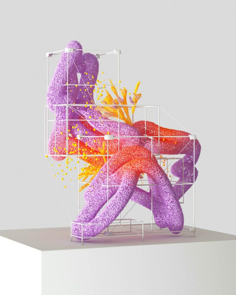 A complex, abstract visualization of data points and connections in a futuristic, dark environment.
