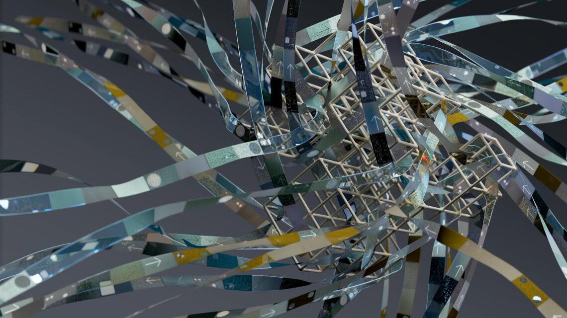 Abstract digital art representing a complex network of data nodes, symbolizing AI in cybersecurity.