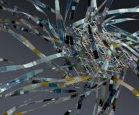 Abstract digital art representing a complex network of data nodes, symbolizing AI in cybersecurity.