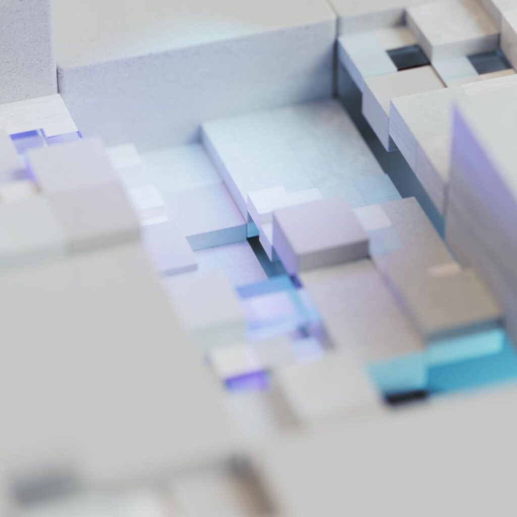 Close-up of glowing blue and purple digital blocks representing data on a blockchain.