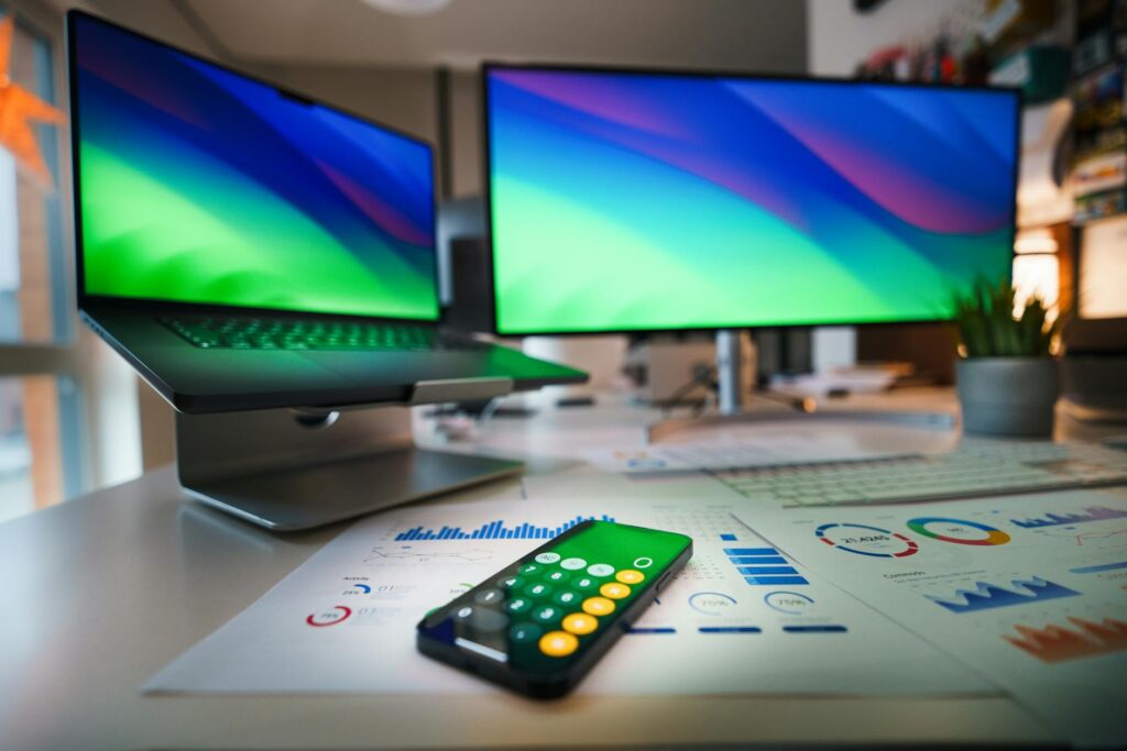A crypto trader analyzing multiple charts on different monitors in a dimly lit room, focused on data.