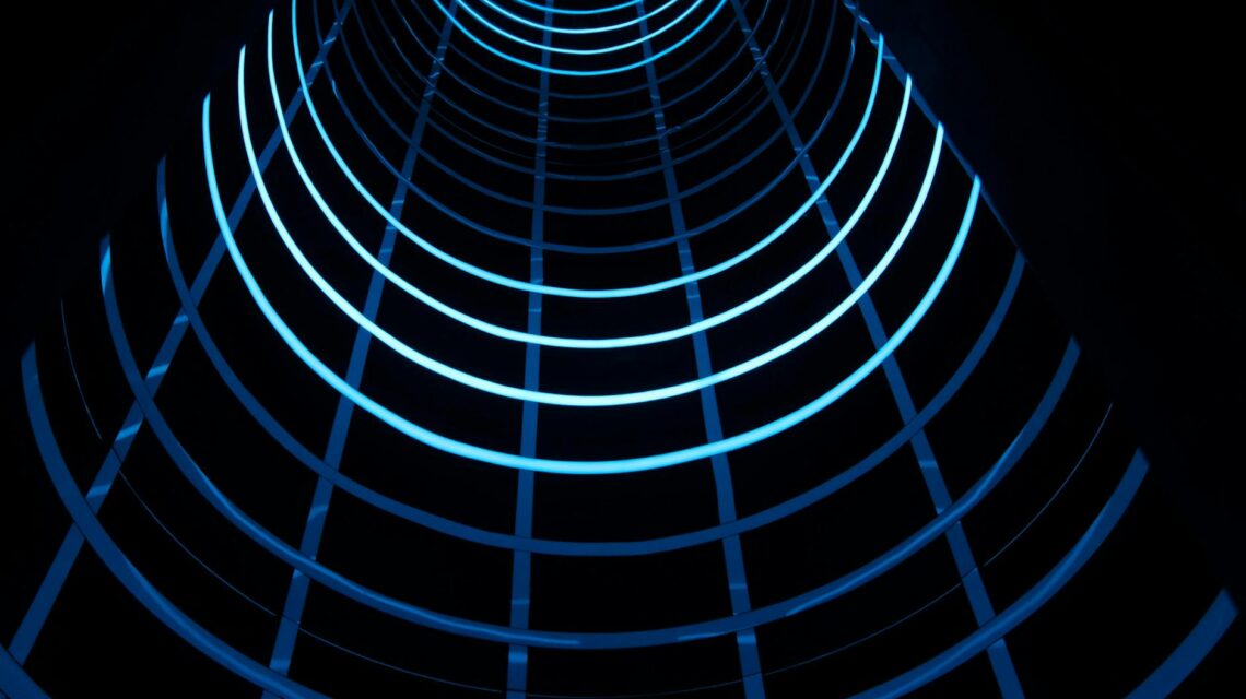 An abstract, artistic representation of a decentralized blockchain network with glowing nodes and connections.