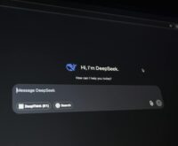 A young student smiles while interacting with an AI-powered educational app on a tablet.