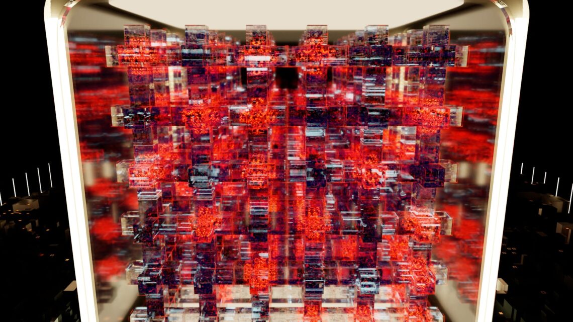 An abstract digital visualization of a complex blockchain network with interconnected nodes.