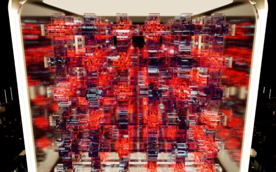 An abstract digital visualization of a complex blockchain network with interconnected nodes.