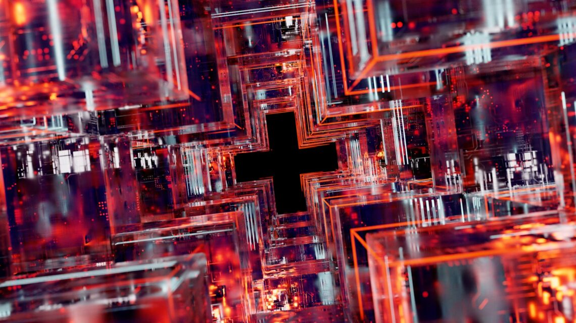 An abstract digital visualization of interconnected nodes representing a neural network.