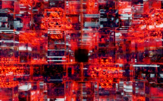 An abstract visualization of a glowing blue and purple blockchain network with interconnected nodes.