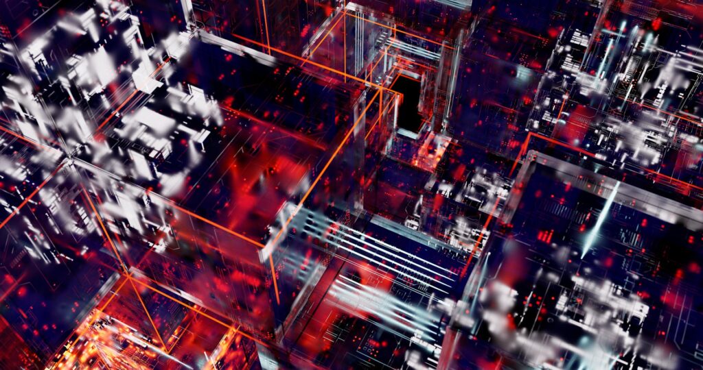 An abstract visualization of interconnected nodes and data points, symbolizing a complex digital network.