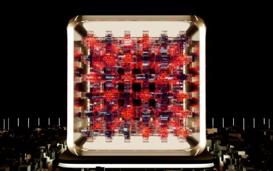 An abstract visualization of a decentralized blockchain network with interconnected nodes.