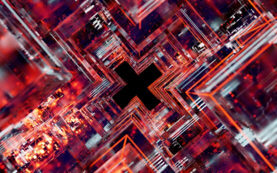 An abstract digital visualization of a secure blockchain network with glowing nodes and connections.