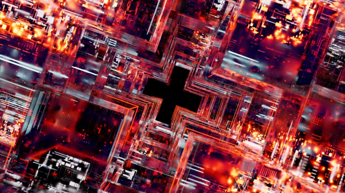 An abstract digital visualization of interconnected nodes, representing a blockchain network and ZK-Proofs.