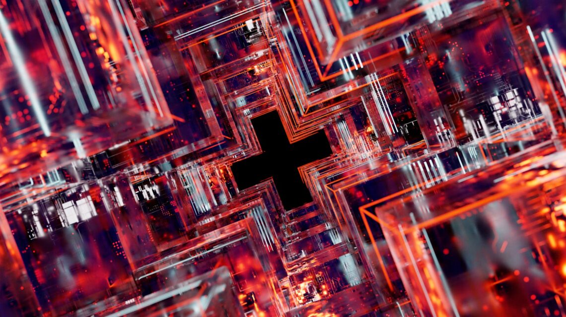 Abstract digital art showing interconnected nodes of a neural network with glowing blue and purple lines.