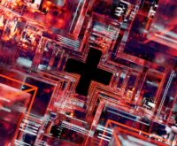 An abstract digital art piece showing interconnected nodes representing a blockchain network.