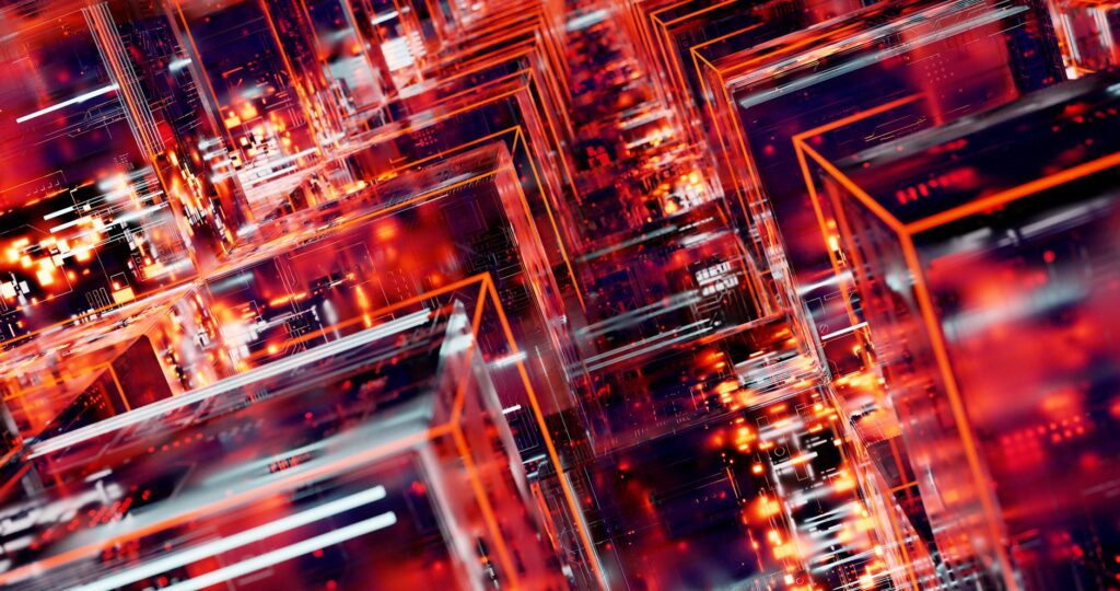 An abstract digital visualization of interconnected nodes and data, representing a neural network.