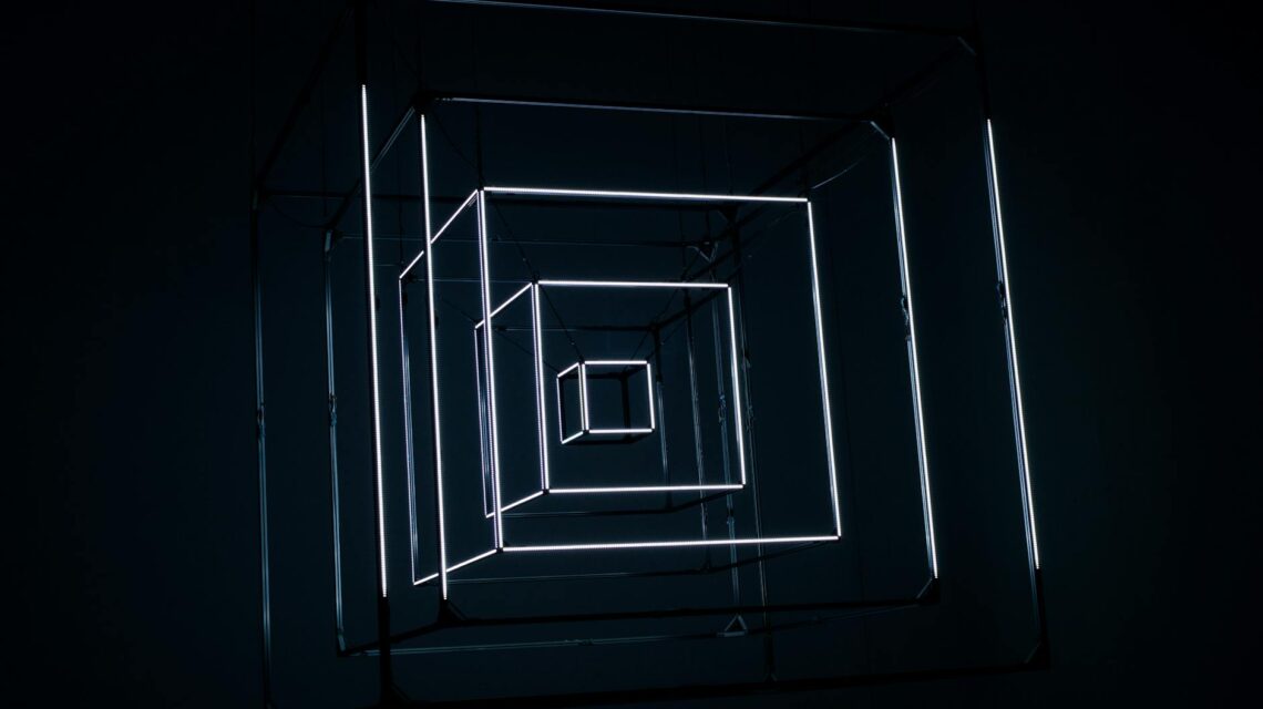 An abstract digital visualization of an artificial intelligence neural network with glowing blue and purple connections.