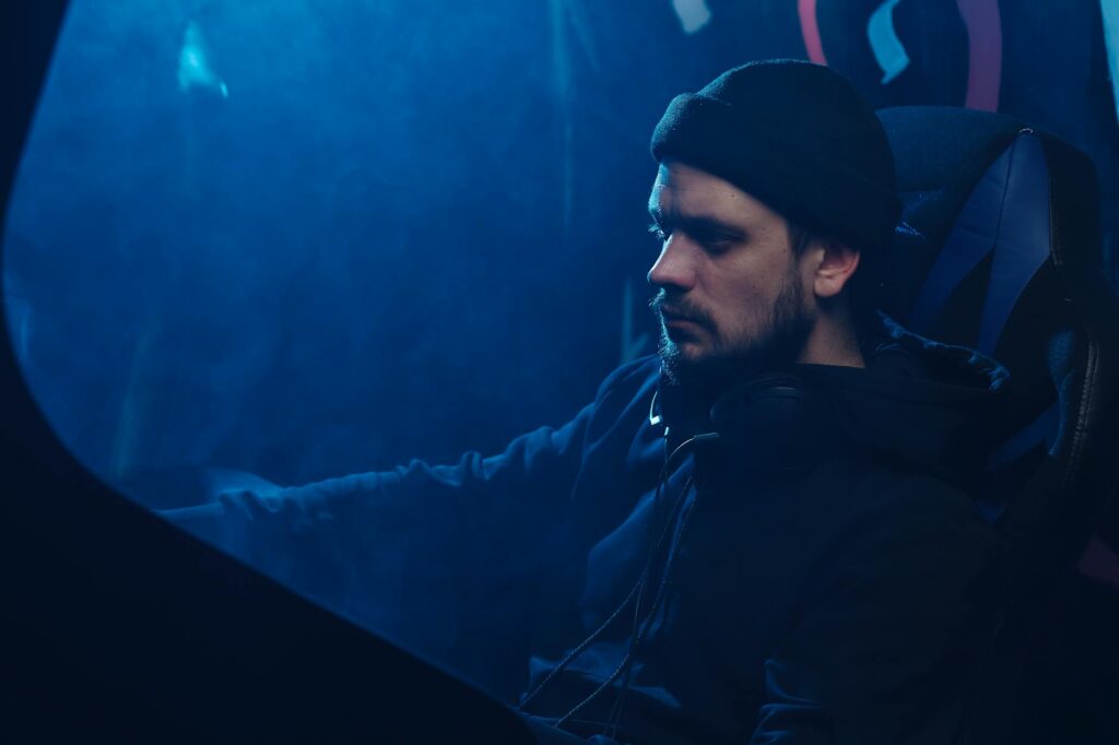 A modern office interior with holographic data charts and graphs, representing AI-driven analytics.