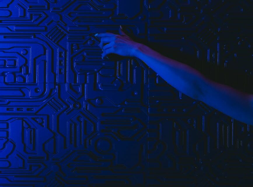 A conceptual image of an artificial intelligence network with interconnected glowing blue lights.